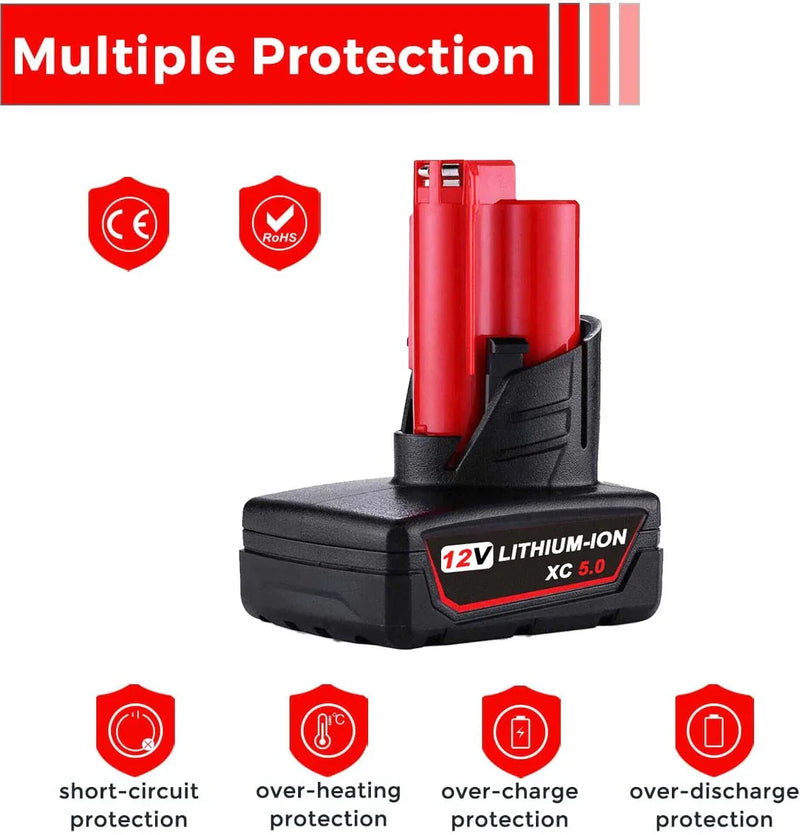 For Milwaukee M12 XC Battery Replacement 5.0AH 2 Pack With Rapid Charger For Milwaukee M12 M18 Battery - Triple-Batteries