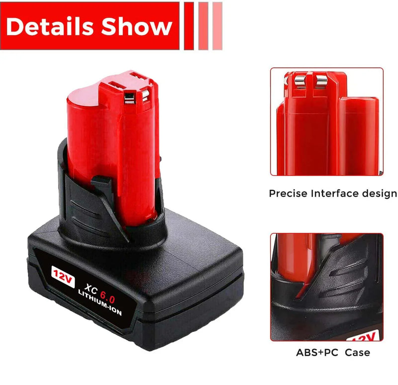 For Milwaukee M12 XC Battery Replacement 6.0AH 2 Pack With Rapid Charger For Milwaukee M12 M18 Battery - Triple-Batteries