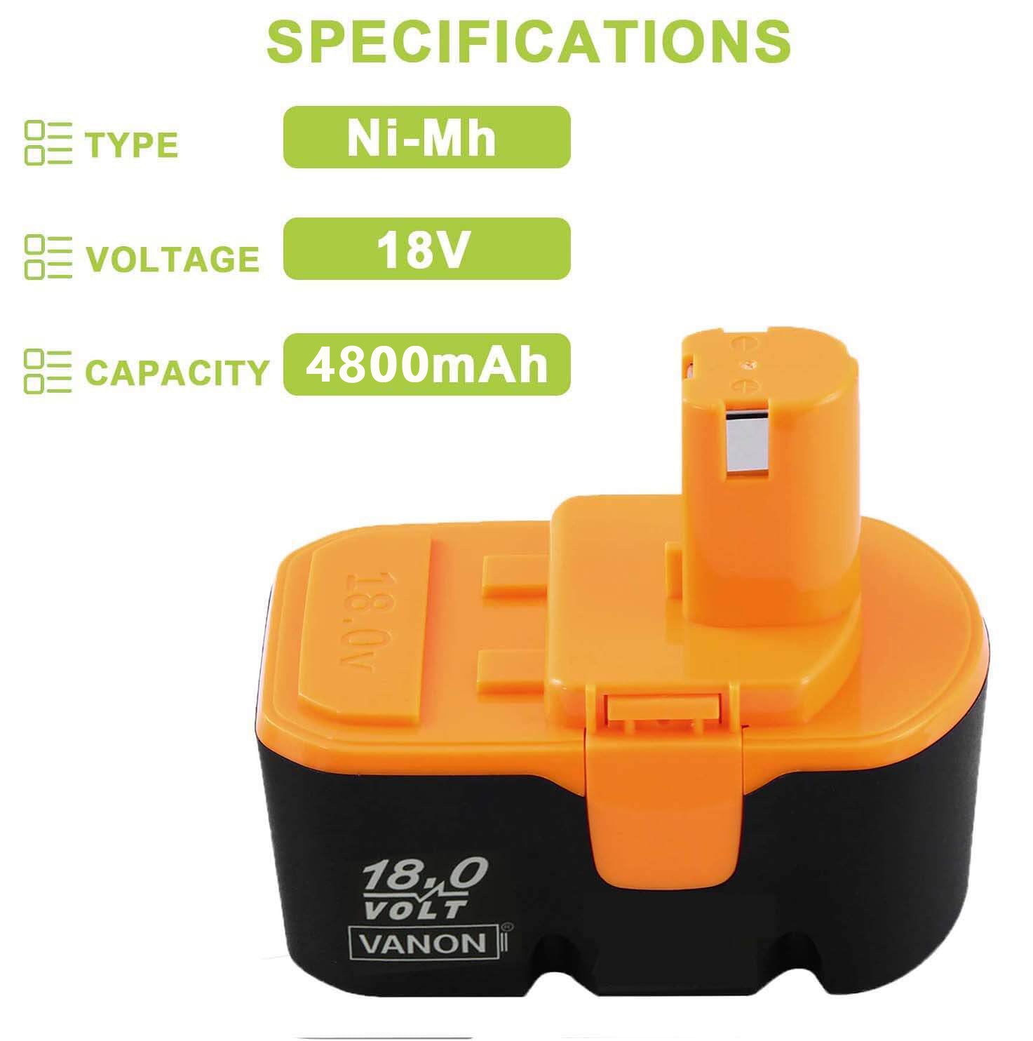 For Ryobi 18V Battery Replacement | P100 4.8Ah Ni-MH Battery