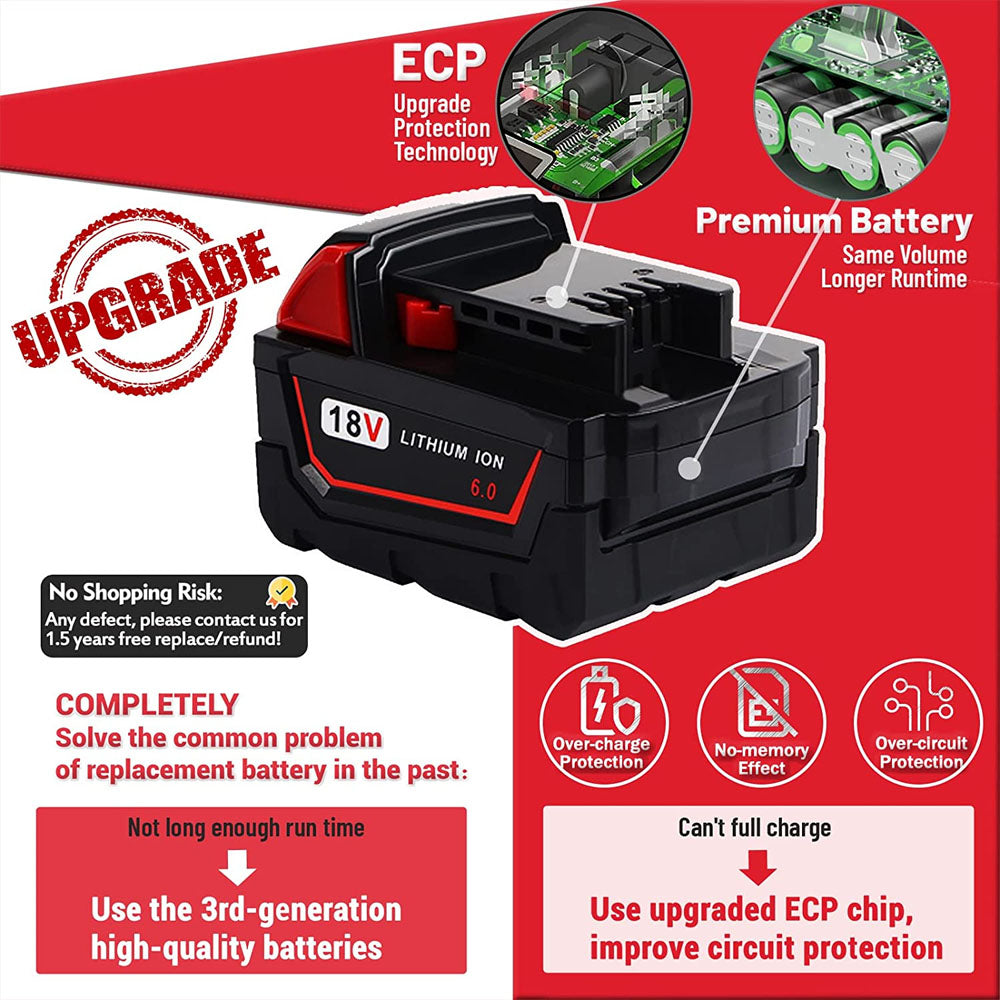 6.0Ah For Milwaukee M18 Battery Replacement | 18V 6.0Ah Li-ion Battery 6 Pack
