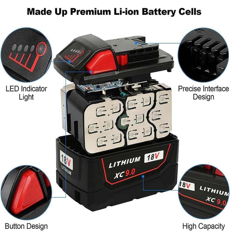 9.0Ah For Milwaukee M18 Battery Replacement | 18V High Capacity Li-Ion Battery 4 Pack - Triple-Batteries