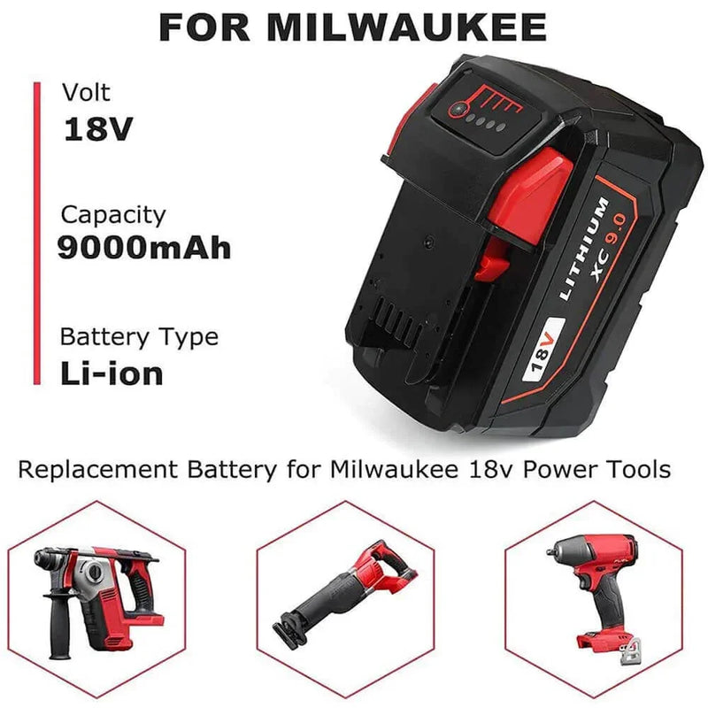9.0Ah For Milwaukee M18 Battery Replacement | 18V High Capacity Li-Ion Battery 4 Pack - Triple-Batteries