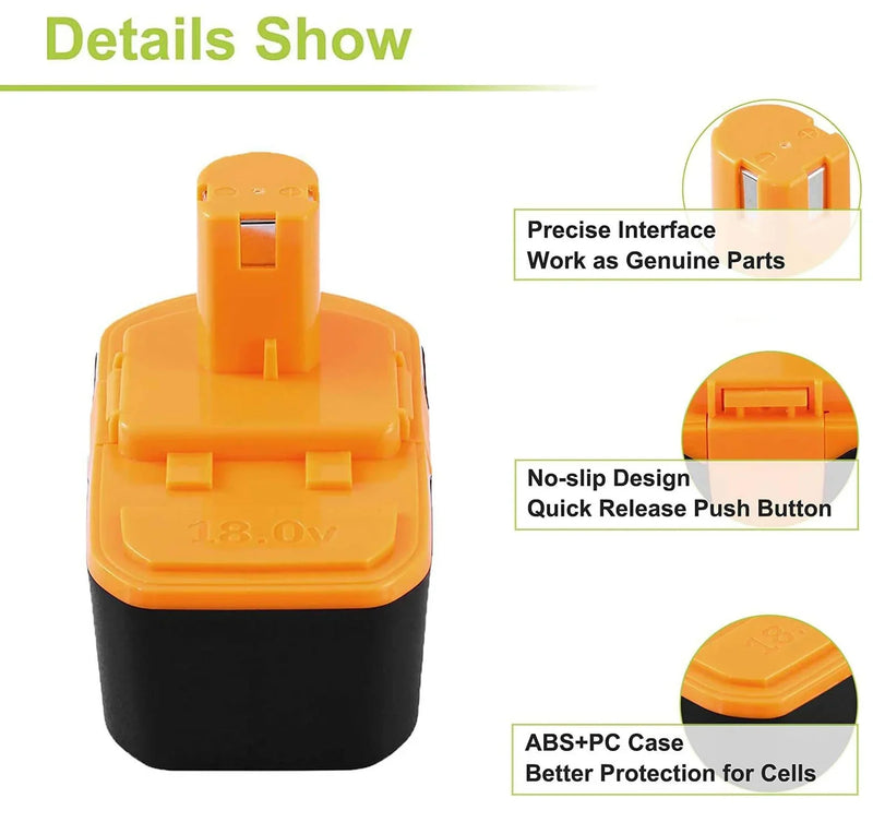 2 Packs For Ryobi 18V P100 Battery Replacement | 4.8Ah Ni-MH Battery - Triple-Batteries