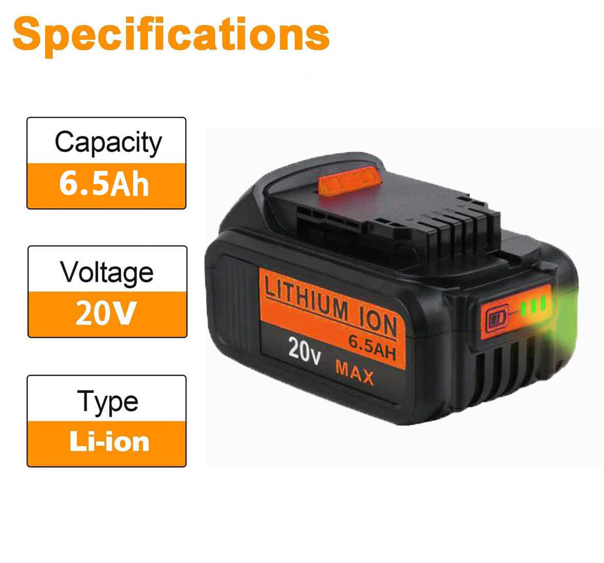 For DeWalt 20V Battery 6.5Ah Replacement | DCB205 Li-ion Battery