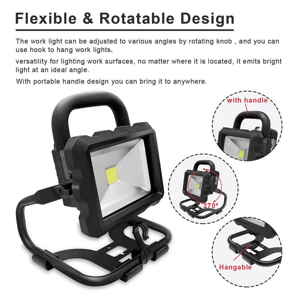 DASNITE Work Light, Portable LED Outdoor Light, Garage Workshop Light With 2 Pack Makita BL1860B 6.0Ah Battery | 3000LM 35W 6500K
