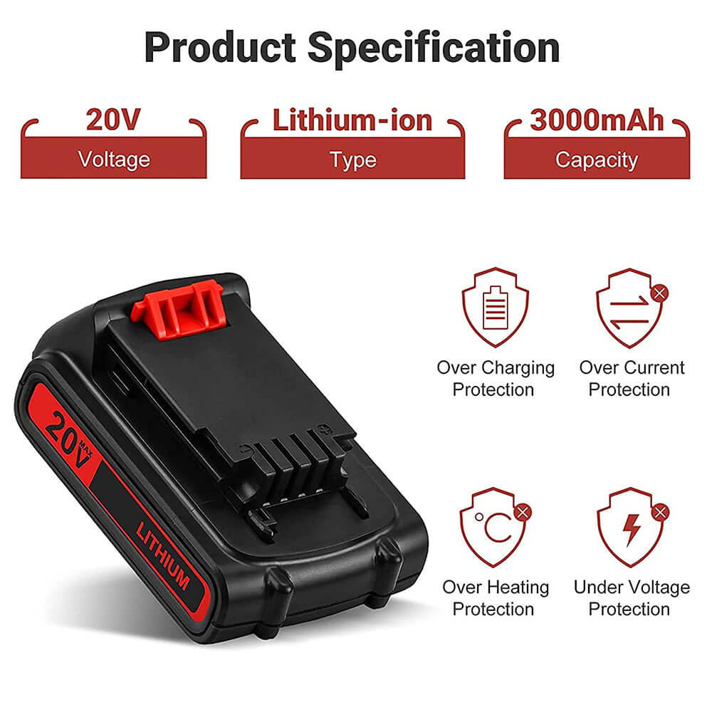 20V Lithium-Ion Battery replacement for Black & Decker LBX20 LBXR20 3.0Ah