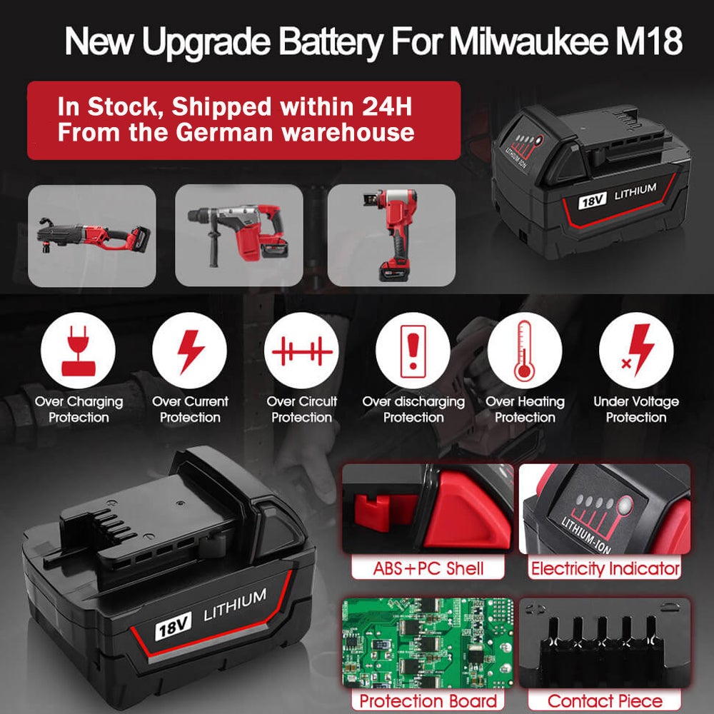 6.0Ah For Milwaukee M18 Battery Replacement | 18V 6.0Ah Li-ion Battery 8 Pack
