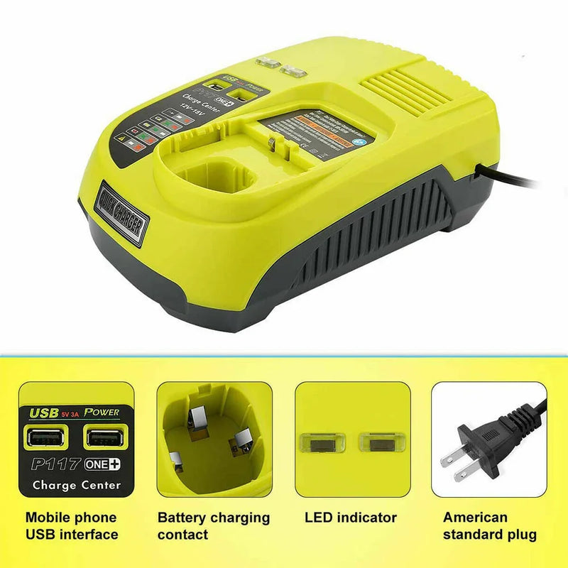 For Ryobi 18V One Plus Lithium Battery Charger P117 | P104 12V-18V Ni-cd & Ni-Mh Battery Charger - Triple-Batteries