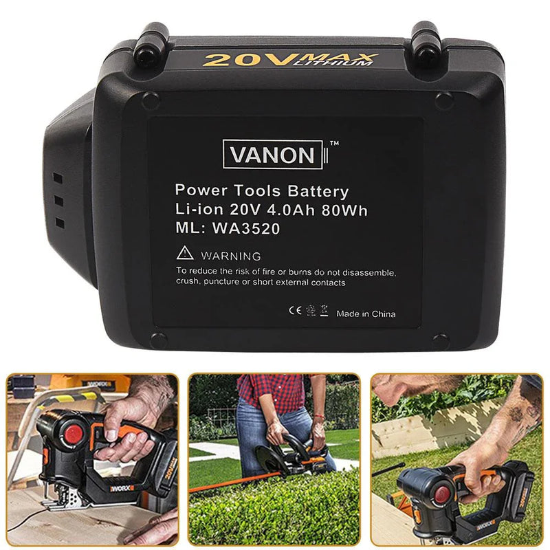 For Worx 20V WA3520 Battery Replacement 4.0Ah High Capacity Li-ion 2 Pack - Triple-Batteries