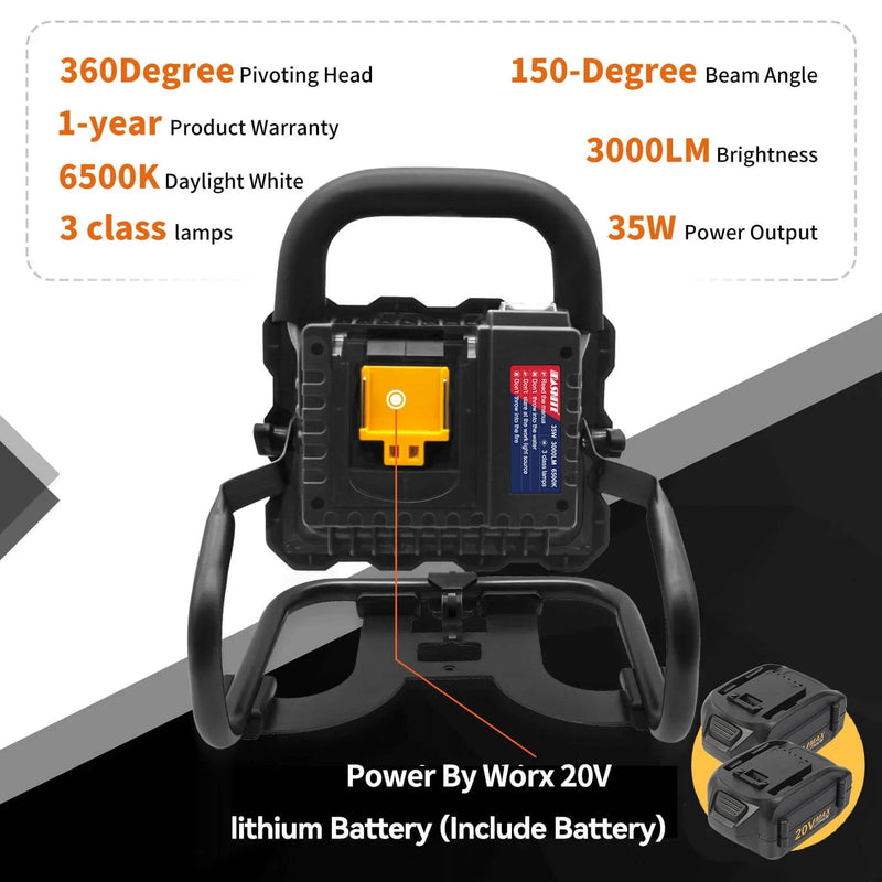 DASNITE Work Light, Cordless LED Light For Outdoor, Garage Workshop, Job Site Work With 5.0Ah For Worx Battery Replacement 2 Pack | 3000LM 35W 6500K - Triple-Batteries